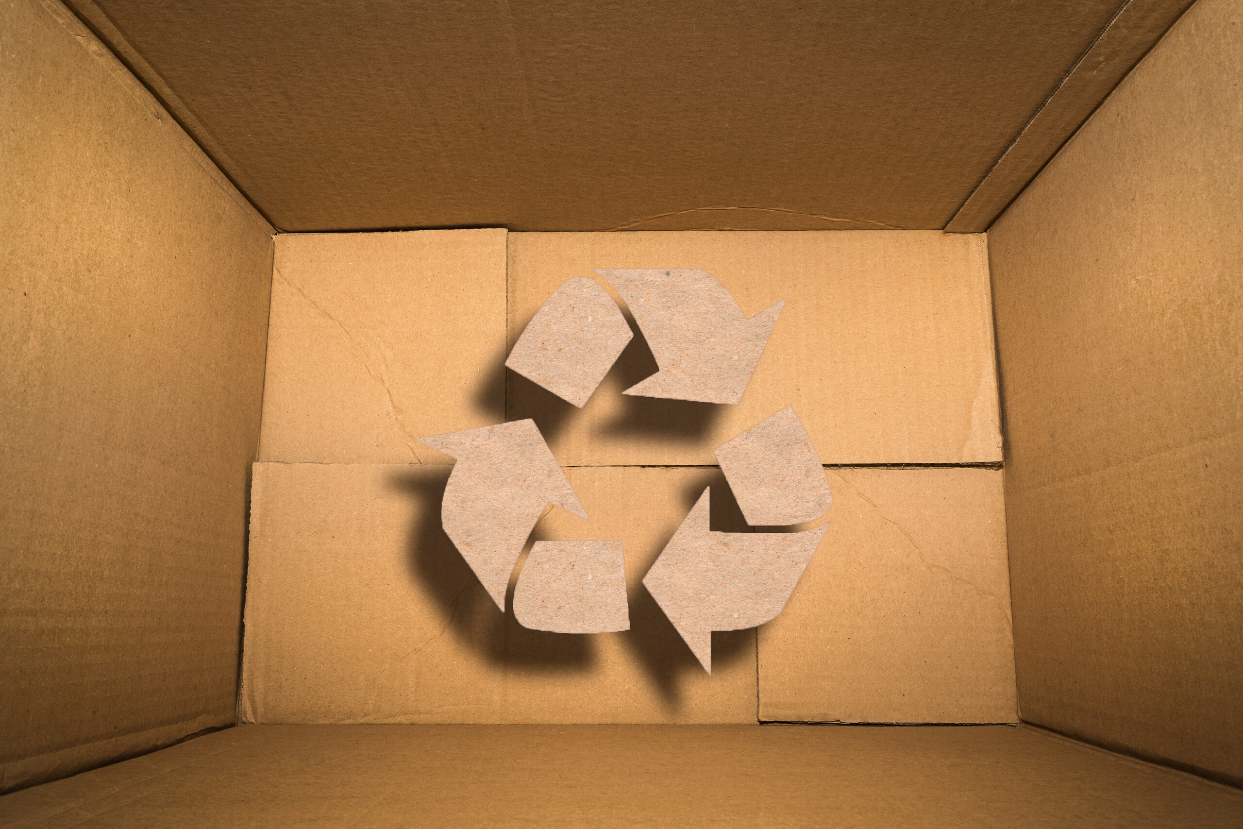 Simbolo del riciclo realizzato con cartone, posizionato all'interno di una scatola di cartone aperta.