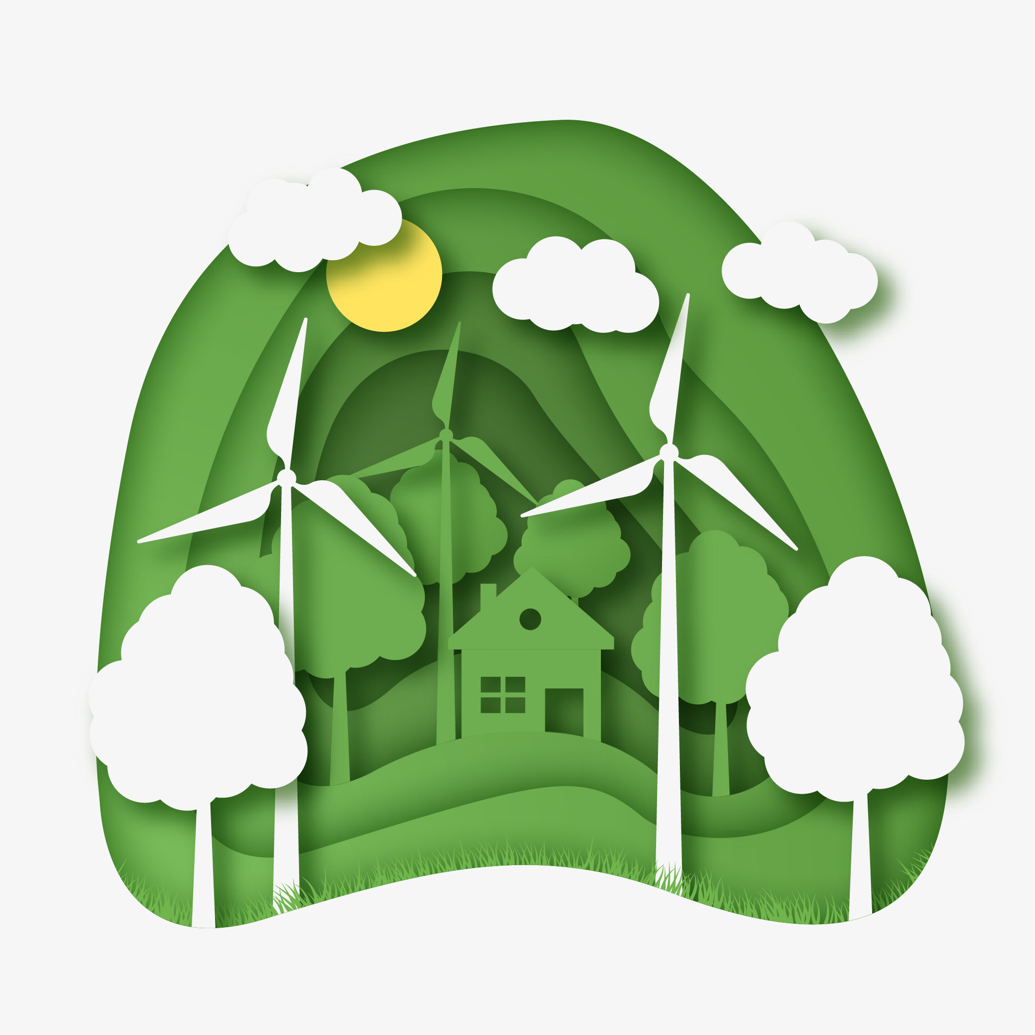 Illustrazione di paesaggio sostenibile con pale eoliche, alberi, una casa e colline verdi in stile paper cut.