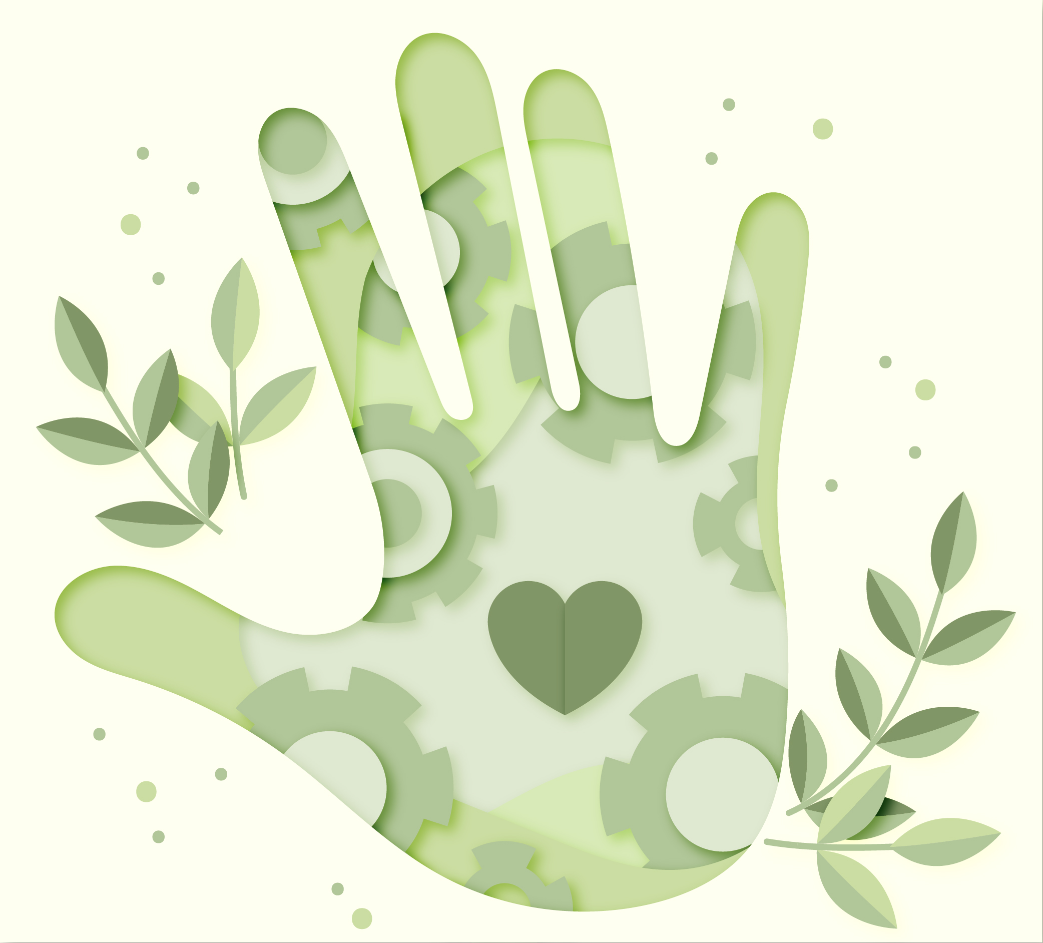 Illustrazione di una mano verde con ingranaggi, foglie e un cuore stilizzato al centro.