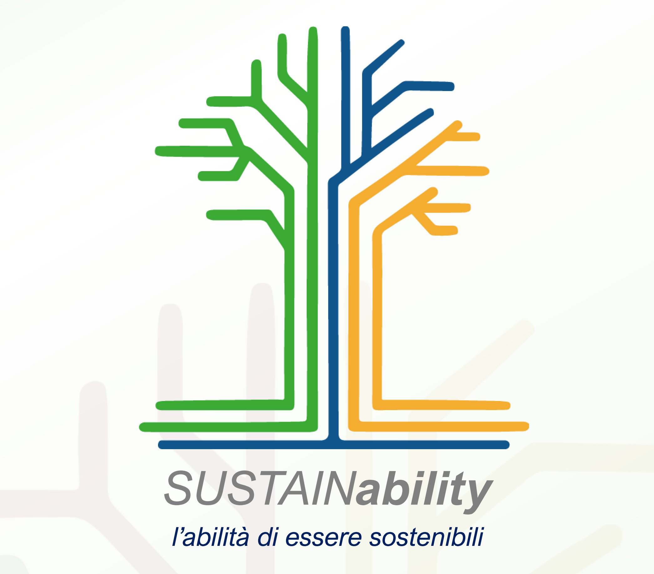 Logo stilizzato di un albero con rami geometrici nei colori verde, blu e arancione, accompagnato dalla scritta “SUSTAINability – l’abilità di essere sostenibili”.