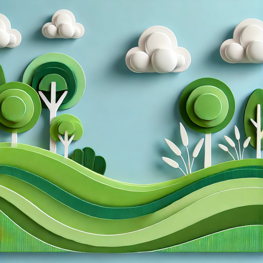 Illustrazione in stile papercut di un paesaggio naturale con colline ondulate verdi, alberi stilizzati e nuvole bianche su sfondo azzurro.