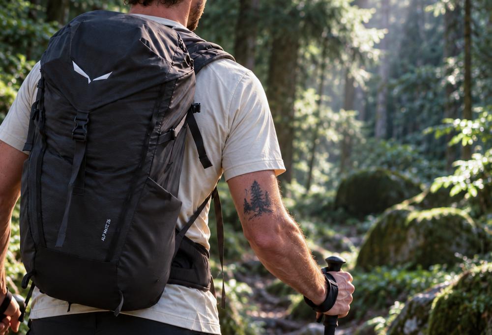 Escursionista con zaino Salewa Alp Mate 26 L su un sentiero in un fitto bosco di montagna.